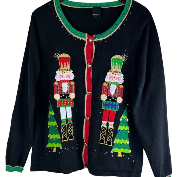 Berek Christmas Cardigan Sweater Sz XL 14 16 Nutcracker Tree Black Embroidered - Picture 2 of 5